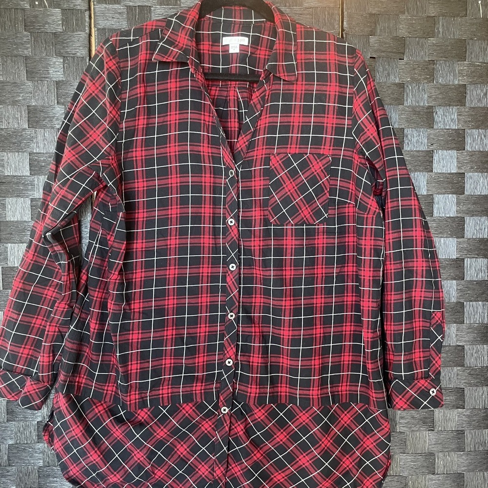 J Jill Top Women's Medium Red Black Plaid Long Button Up 100% Cotton Shirt